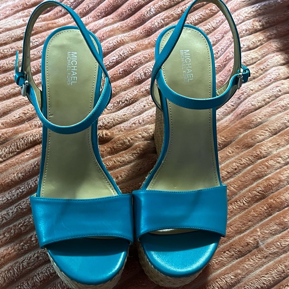 LIKE NEW Michael Kors Teal Leather Wedges 8.5 Worn ONCE for a couple of hours.